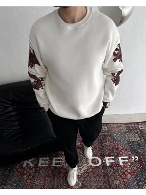 Velmora Fashion Kışlık Bisiklet Yaka Baskılı Sweatshirt - Beyaz
