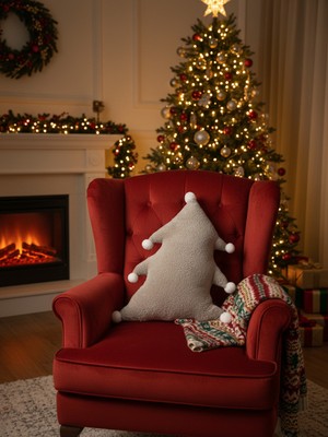 Türkühome Yılbaşı Temalı Çam Ağacı Formunda Kar Tanesi Ponpon Detaylı Dekoratif Kırlent