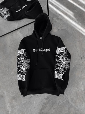 Velmora Fashion Üç Iplik Kapüşonlu Baskılı Oversize Sweatshirt- Siyah