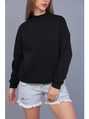 Tomiross Rana Kadın Siyah Balıkçı Yaka Üç Iplik Sweatshirt RANA-3664