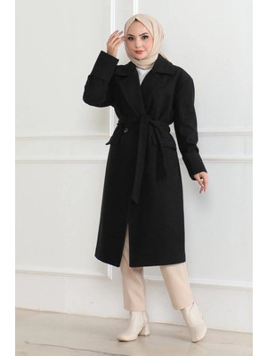 Velmora Fashion Kadın Düğmeli Içi Astarlı Kaşmir Kaşe Kaban - Siyah