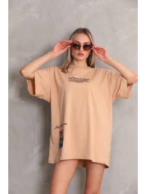 Egecen Unisex Bisiklet Yaka Baskılı Oversize T-Shirt - Bej