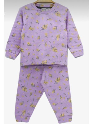 Başak Çiçeği Desenli Lila Fitilli Interlok Kumaş %100 Pamuk Kız Çocuk Pijama Takımı