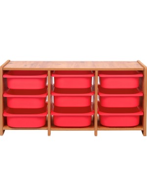 Industrial Living 18MM Mdf Ceviz Çocuk Odası Dolabı, Kırmızı Çekmeceli 9’lu Düzenleyici Ünitesi 110X45X60
