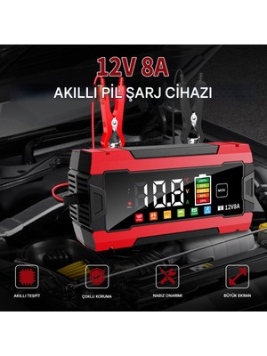 Matechno Akıllı Akü Şarj Cihazı Yaz Kış Modlu 12V 8A Dijital Ekranlı Akü Şarj ve Onarım Cihazı