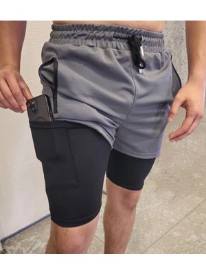 Velmora Fashion Iç Cepli Sporcu Alt Taytlı Şort - Gri
