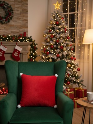 Türkühome Yılbaşı Temalı Kare Formunda Kar Tanesi Ponpon Detaylı Dekoratif Kırlent