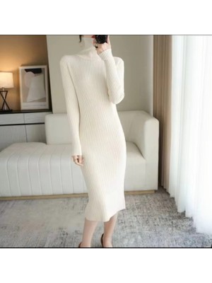 Velmora Fashion Kadın Boğazlı Uzun Fitilli Triko Dokuma Elbise - Beyaz