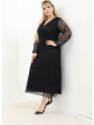 Modayız Siyah Dantel Detaylı Kruvaze Yaka Uzun Kollu Abiye Elbise 21C-2764