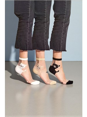 Hitit Socks Kadın 3 Çift Premium Kalite Sevimli Kedi Desenli Tül Çorap