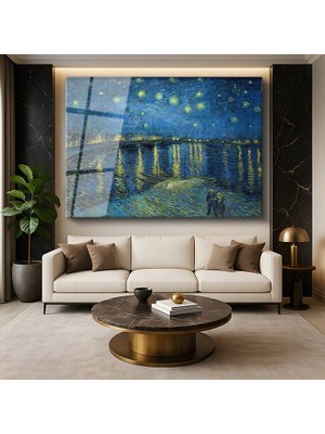 GülsenArt Vincent Van Gogh Rhône Üzerinde Yıldızlı Gece Romantik Nehir Resmi Temperli Cam Tablo Duvar Tablosu Dekoratif Tablo