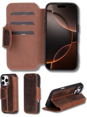 Sinerjim Apple iPhone 16 Pro Max uyumlu, Hakiki Deri, El Yapımı, Cüzdanlı Kılıf, Antik Kahve