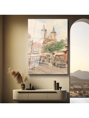 GülsenArt Franz Alt Pazar Meydanı Şehir Manzarası Temperli Cam Tablo Duvar Tablosu Dekoratif Tablo