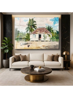 GülsenArt Winslow Homer Native Hut Bahamas Tropik Ev Resmi Temperli Cam Tablo Duvar Tablosu Dekoratif Tablo