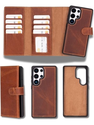 Sinerjim Samsung Galaxy S25 Ultra uyumlu, Hakiki Deri, El Yapımı, Cüzdanlı Kılıf, Karamel