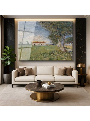 GülsenArt Vincent Van Gogh Buğday Tarlası Çiftlik Evi Kırsal Manzara Temperli Cam Tablo Duvar Tablosu Dekoratif Tablo