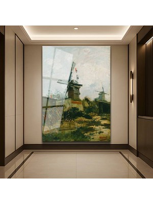 GülsenArt Vincent Van Gogh Montmartre Yel Değirmenleri Temperli Cam Tablo Duvar Tablosu Dekoratif Tablo