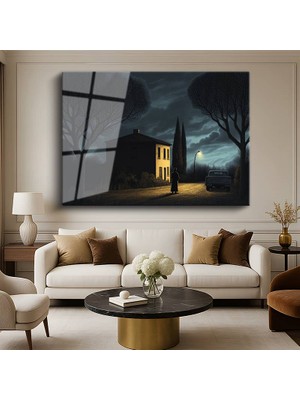 GülsenArt René Magritte Gece Evi Sürrealist Mimari Resmi Temperli Cam Tablo Duvar Tablosu Dekoratif Tablo