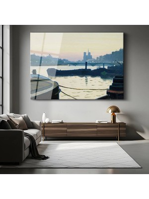 GülsenArt Edward Hopper Seine Nehri Gece Görünümü Temperli Cam Tablo Duvar Tablosu Dekoratif Tablo