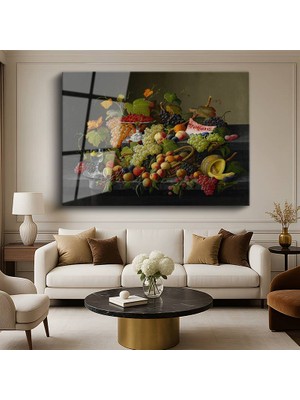 GülsenArt Severin Roesen Meyve Bolluğu Natürmort Sanatı Temperli Cam Tablo Duvar Tablosu Dekoratif Tablo