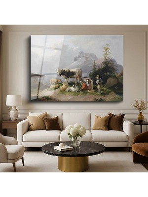 GülsenArt Friedrich Gauermann Alp Dağları Çobanlar Sürü Resmi Temperli Cam Tablo Duvar Tablosu Dekoratif Tablo