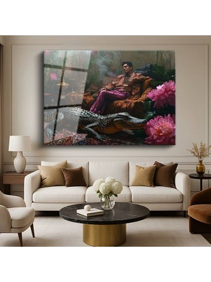 GülsenArt Midjourney Timsahlı Oda Fantastik Dijital Resmi Temperli Cam Tablo Duvar Tablosu Dekoratif Tablo