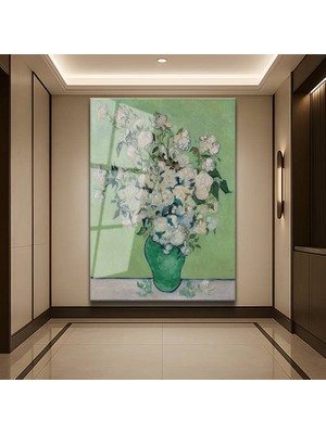 GülsenArt Vincent Van Gogh Vazo Beyaz Güller Temperli Cam Tablo Duvar Tablosu Dekoratif Tablo