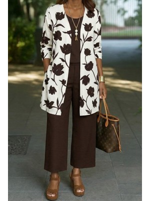 Wmpulse Kadın Uzun Kollu Önü Açık Modal Ceket Kolsuz Viskon Iki Iplik Bluz ve Pantolon Üçlü Takım