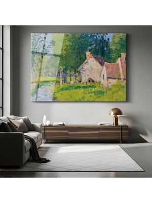 GülsenArt Temperli Camille Pissarro Kır Evi Kırsal Manzarası Temperli Cam Tablo Duvar Tablosu Dekoratif Tablo