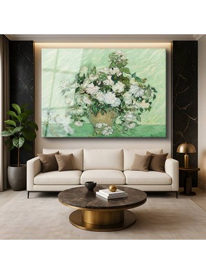 GülsenArt Vincent Van Gogh Vazoda Beyaz Güller Çiçek Natürmortu Temperli Cam Tablo Duvar Tablosu Dekoratif Tablo