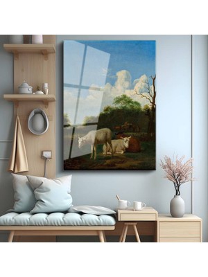 GülsenArt Adriaen Van De Velde Kırsal Koyun Çayır Manzarası Temperli Cam Tablo Duvar Tablosu Dekoratif Tablo