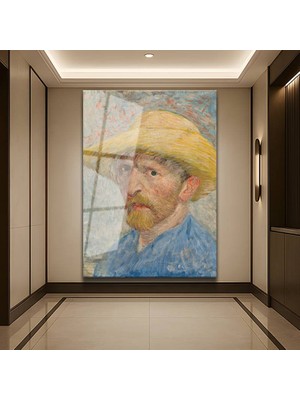 GülsenArt Vincent Van Gogh Hasır Şapkalı Otoportre Temperli Cam Tablo Duvar Tablosu Dekoratif Tablo
