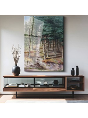 GülsenArt David Cox Çam Ormanı Doğa Patikası Temperli Cam Tablo Duvar Tablosu Dekoratif Tablo