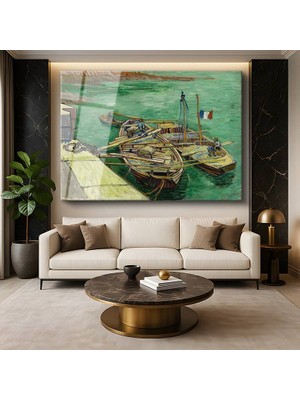 GülsenArt Vincent Van Gogh Rhône Nehri Tekneler Su Resmi Temperli Cam Tablo Duvar Tablosu Dekoratif Tablo