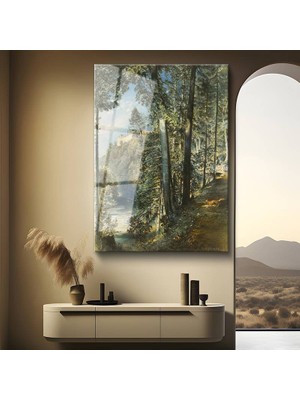 GülsenArt William Trost Richards Nehir Kenarı Ağaç Manzarası Temperli Cam Tablo Duvar Tablosu Dekoratif Tablo