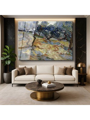 GülsenArt Vincent Van Gogh Zeytin Koruluğu Ağaç Manzarası Temperli Cam Tablo Duvar Tablosu Dekoratif Tablo