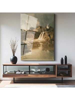 GülsenArt J.m.w. Turner Taş Köprü Şelale Manzarası Temperli Cam Tablo Duvar Tablosu Dekoratif Tablo