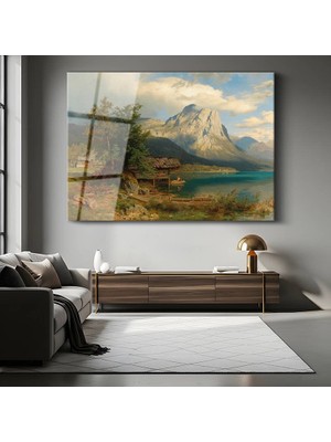 GülsenArt Albert Bierstadt Dağ Gölü Peyzaj Manzarası Temperli Cam Tablo Duvar Tablosu Dekoratif Tablo