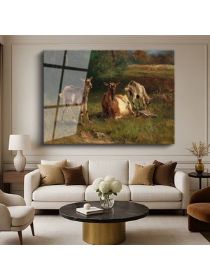 GülsenArt Anonim Otlaktaki Keçiler Kırsal Hayvan Resmi Temperli Cam Tablo Duvar Tablosu Dekoratif Tablo