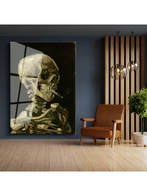 GülsenArt Vincent Van Gogh Sigara Içen Kafatası Sanat Temperli Cam Tablo Duvar Tablosu Dekoratif Tablo