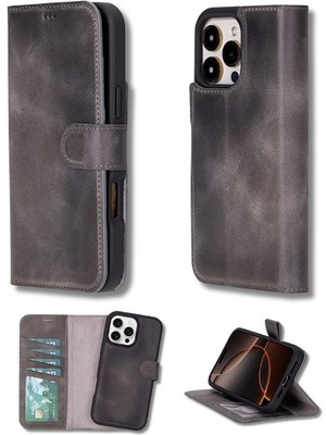 Sinerjim Apple iPhone 16 Pro uyumlu, Hakiki Deri, El Yapımı, Cüzdanlı Kılıf, Gölgeli Gri