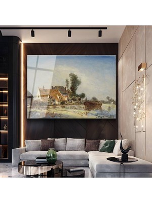 GülsenArt Johan Jongkind Nehir Kenarı Kulübe Resmi Temperli Cam Tablo Duvar Tablosu Dekoratif Tablo