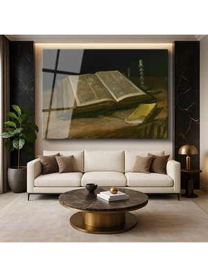 GülsenArt Vincent Van Gogh Açık Kitap Natürmort Resmi Temperli Cam Tablo Duvar Tablosu Dekoratif Tablo