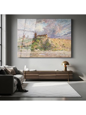 GülsenArt Ferdinand Perrot Tepedeki Değirmenler Kırsal Manzarası Temperli Cam Tablo Duvar Tablosu Dekoratif Tablo