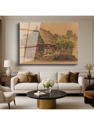 GülsenArt Jean-Baptiste-Temperli Camille Corot Köy Evi Kırsal Manzarası Temperli Cam Tablo Duvar Tablosu Dekoratif Tablo