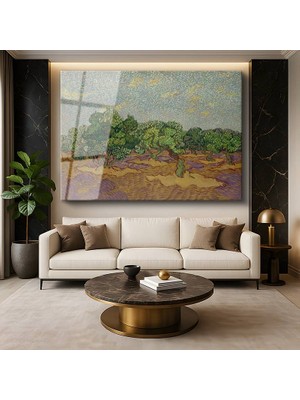 GülsenArt Vincent Van Gogh Zeytin Ağaçları Akdeniz Peyzajı Temperli Cam Tablo Duvar Tablosu Dekoratif Tablo