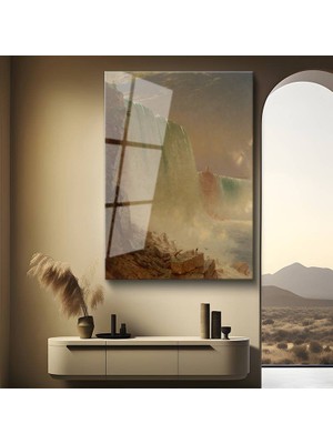 GülsenArt Frederic Edwin Church Niagara Şelalesi Doğa Harikası Temperli Cam Tablo Duvar Tablosu Dekoratif Tablo