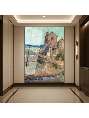 GülsenArt Vincent Van Gogh Eski Değirmen Tarihi Yapı Temperli Cam Tablo Duvar Tablosu Dekoratif Tablo