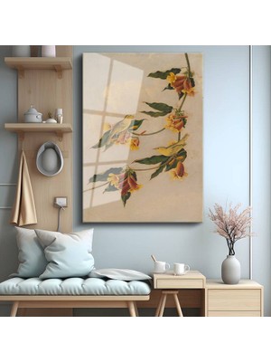 GülsenArt Martin Johnson Heade Sarı Çiçek Kuş Kompozisyonu Temperli Cam Tablo Duvar Tablosu Dekoratif Tablo