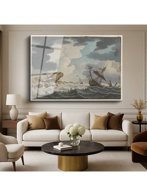 GülsenArt Willem Van De Velde Fırtınada Gemiler Deniz Resmi Temperli Cam Tablo Duvar Tablosu Dekoratif Tablo
